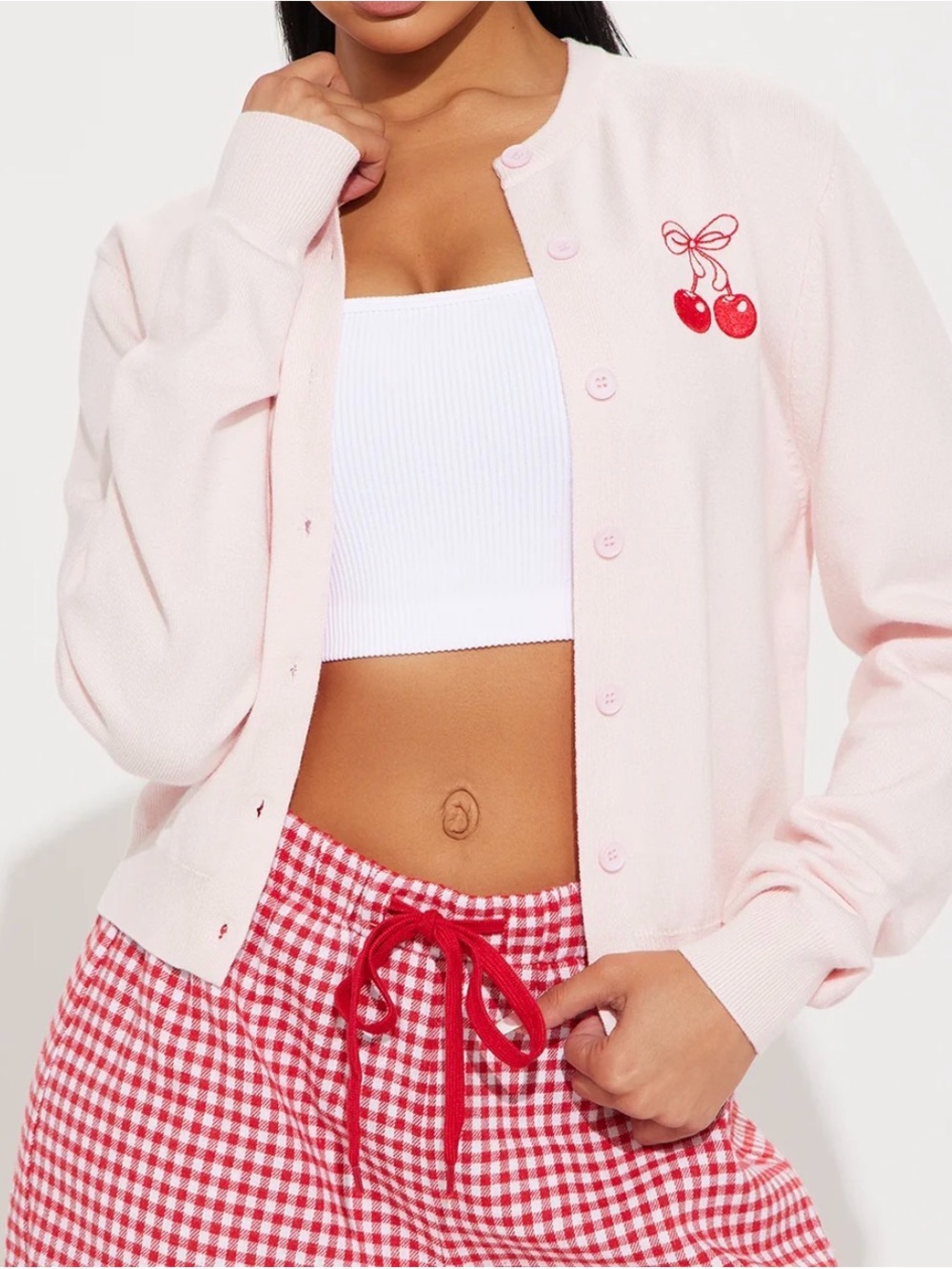 Light Pink Cherry Embroidered Cardigan